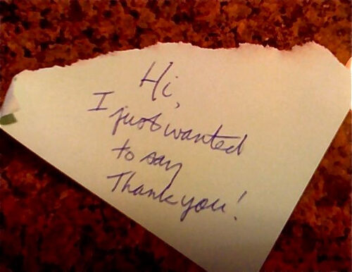 Handwritten note reading: Hi, I just wanted to say thank you!